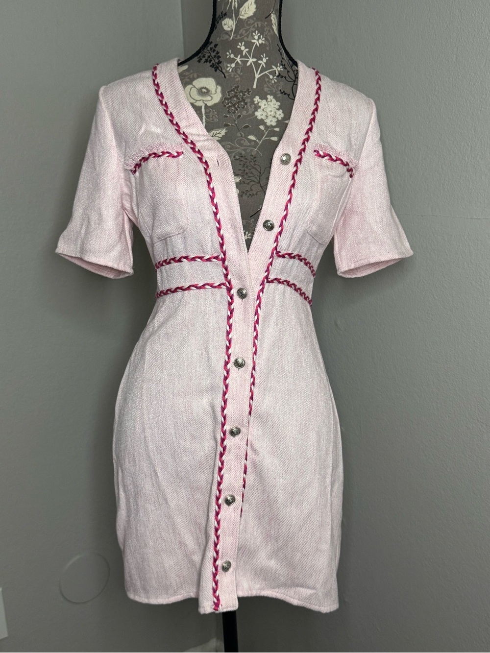 Light Pink Mini Dress with Fuchsia Braid Trim